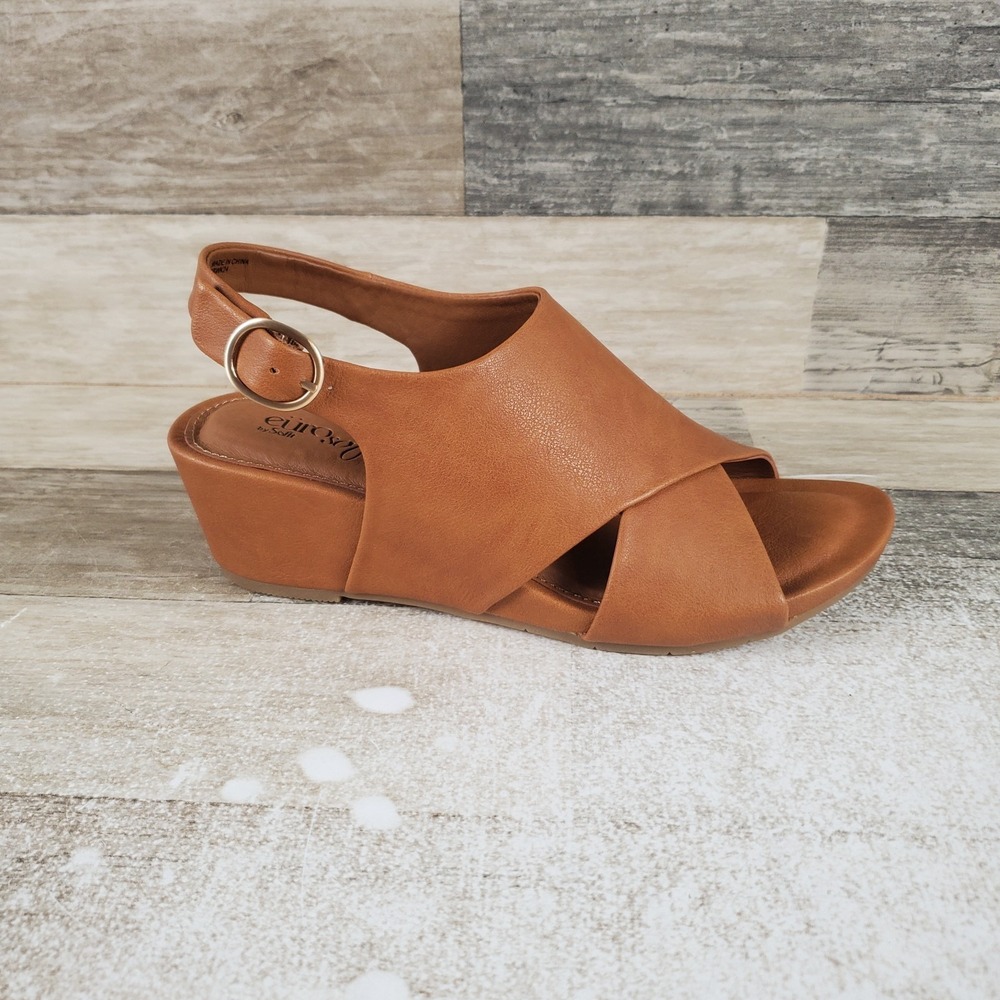 EuroSoft Rhonda Womens Wedge Sandals Sz 6.5 M Luggage Leather Buckle‎ Slingback